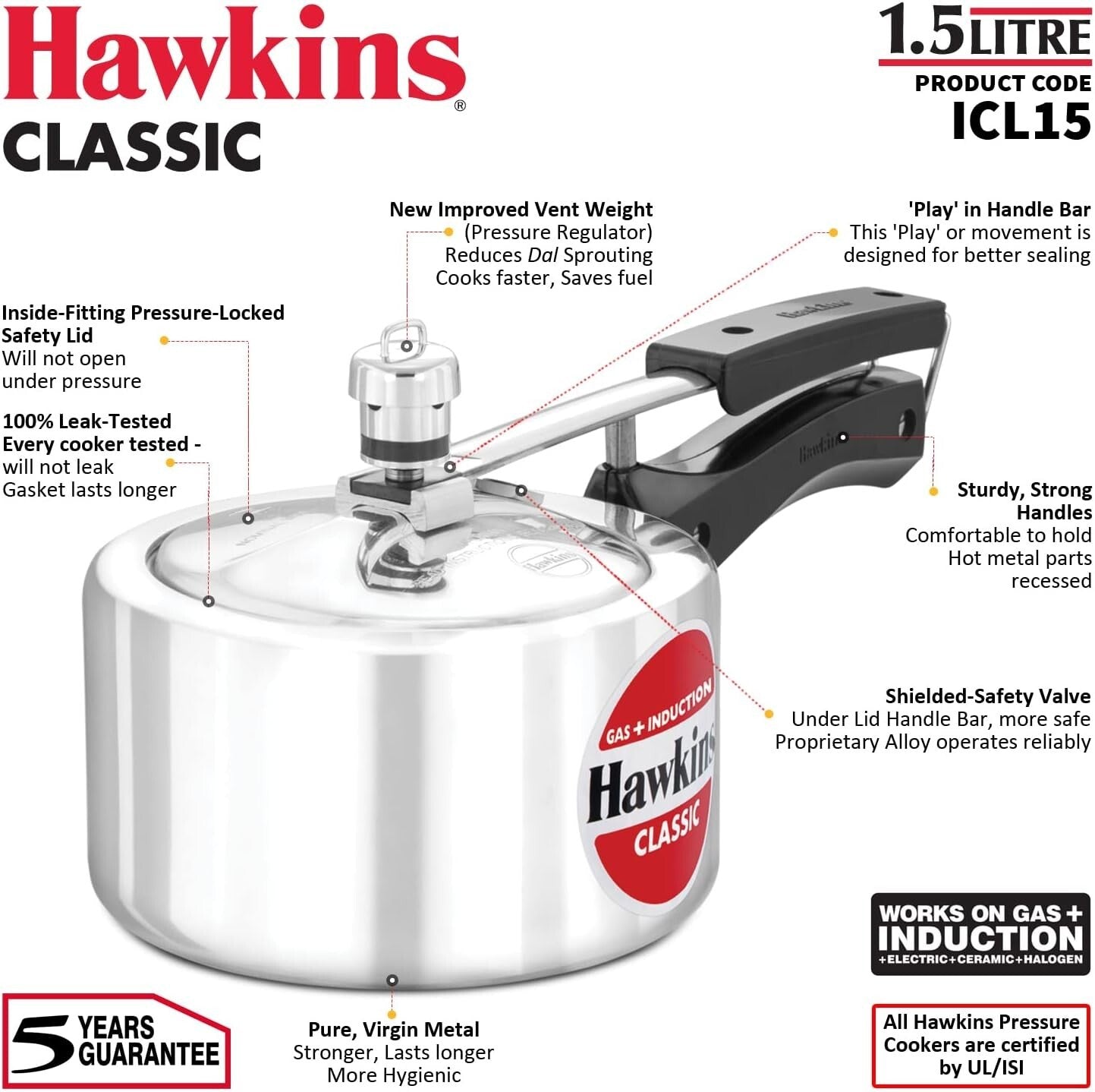 Hawkins Classic 1.5 Liter inner lid aluminum pressure cooker, induction cooker
